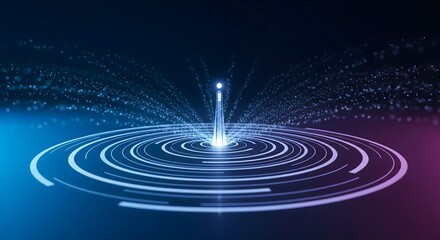 Fototapeta premium Abstract visualization of digital data flow, communication, and connectivity, featuring glowing concentric circles and particle stream on dark blue and purple background.