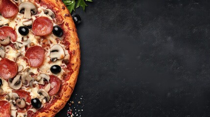 Close Up Pizza with Pepperoni Mushroom and Olives on Dark Surface with Copy Space