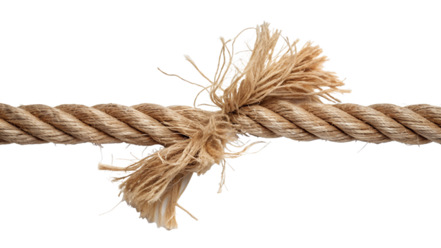 A brown twisted rope is severely fraying at its center, showing great stress and potential to break, isolated on a transparent background.