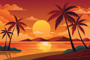 Vibrant Sunset Over Palm Tree Beach
