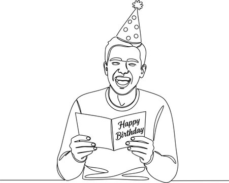 Man smiling while holding a birthday card in line vector style, transparent background