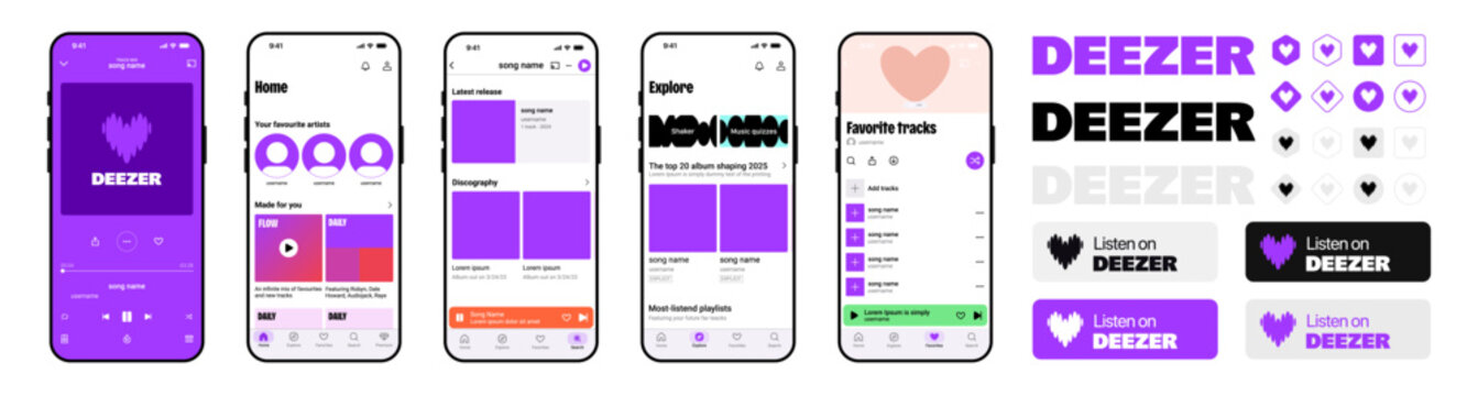 Deezer app UI mockup featuring music player, home screen, explore section, and logo styles &mdash; Deezer interface and brand identity in mobile design