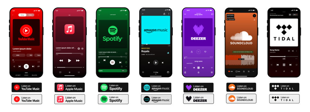 Spotify, YouTube Music, Apple Music, Amazon Music, Deezer, SoundCloud & Tidal streaming app UI mockup with playlist and player design