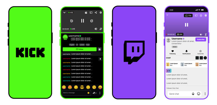 Kick and Twitch app UI mockup featuring live streaming interfaces, chat, and channel screens &mdash; Kick and Twitch design comparison for creators