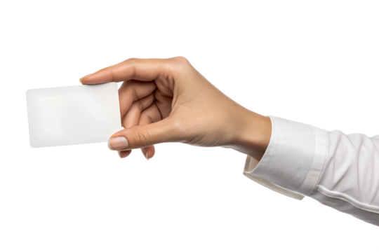 A clean hand holds a simple isolated blank white card, providing clear space for adding unique text.