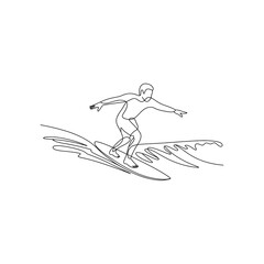 Single line drawing of a surfer riding a wave surfing ocean