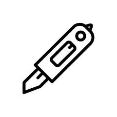Black line art icon of a utility knife with blade extended cutter tool