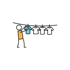 Stick figure hanging blue t-shirt on clothesline with white t-shirts person