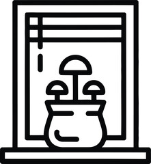 Black and white line art of mushrooms growing in a pot on a windowsill fungi plant