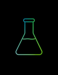 Neon illustration of a laboratory flask with colored outline on transparent background