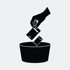 Silhouette Hand throwing old smartphones into the trash can Vector illustration
