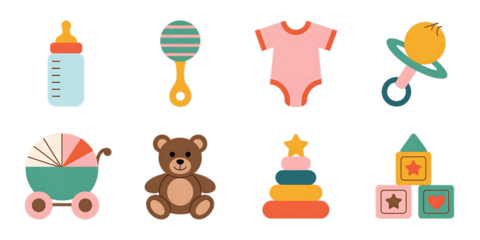 Assortment of Cute Flat Baby Items and Toys pacifier