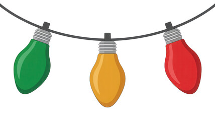 Festive string of three christmas lights green yellow and red isolated on transparent background