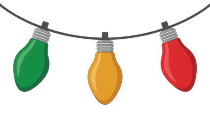 Festive string of three christmas lights green yellow and red isolated on transparent background