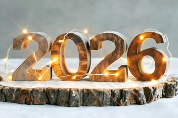 Rustic wooden numbers spelling out the year 2026 illuminated by warm fairy lights on a natural wood slice