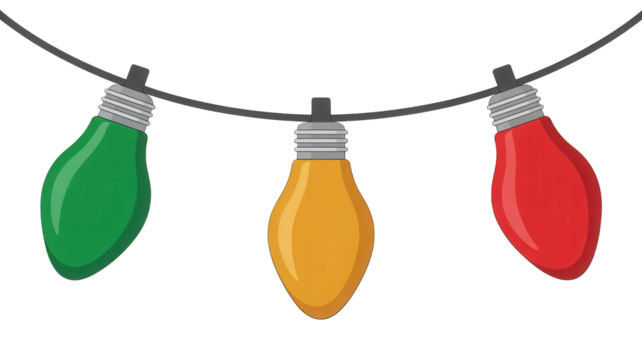 Festive string of three christmas lights green yellow and red isolated on transparent background