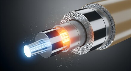 Close-up cross-section illustration of a fiber optic cable revealing the glowing data transmission cores and protective layers on a dark background, representing internet speed and