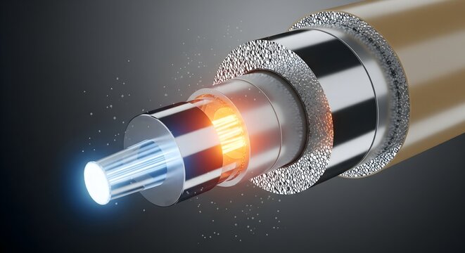 Close-up cross-section illustration of a fiber optic cable revealing the glowing data transmission cores and protective layers on a dark background, representing internet speed and
