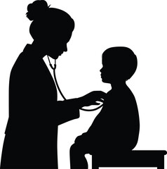 Black silhouette of doctor examining child with stethoscope on medical bench for pediatric care, health checkup, and vector illustration.