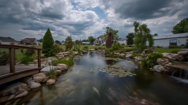 Tranquil outdoor scene of a decorative pond featuring bridge trees and koi fish under cloudy sky