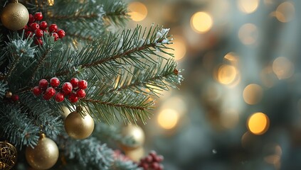 Close up christmas tree with ornaments and lights festive holiday season decor