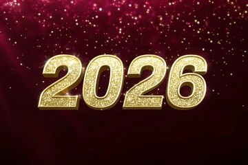 Golden 2026 numbers illuminated with sparkling lights against a dark red background with falling confetti