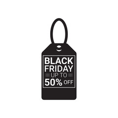 Up to 50% Off Black Friday Tag Silhouette Vector Illustration, Solid White Background.
