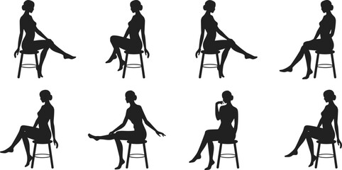 Set of 8 black silhouette seated figure poses on stool for vector design, gesture drawing, posture reference, and artistic illustration.