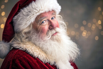 Naklejka premium Portrait of a kind elderly man dressed as santa claus with a white beard and red hat