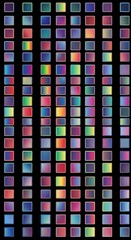 Array of colorful gradient squares against black background abstract