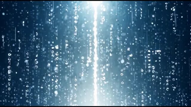 Abstract Digital Rain Matrix Background with Glowing Data Particles and Central Light