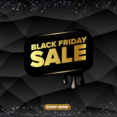Black Friday sale SQUARE banner with golden text. Black friday melt label, sticker, icon isolated on black CRYSTAL background. creative graphic for promotional banners, social media, shopping labels