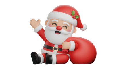 Cheerful cartoon santa claus with red gift bag waving hello isolated on transparent background