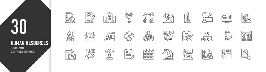 Human Resources HR Line Icons: Recruitment, Payroll, Career Growth, Employee Management Vector Set