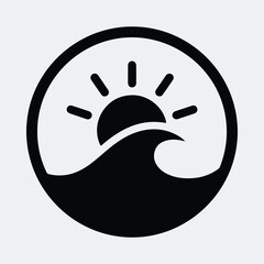 Silhouette ocean wave with rising sun in circle Vector illustration