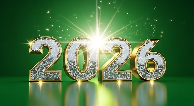 Radiant 2026 numbers illuminated by a bright starburst on a shimmering green background with falling confetti - Powered by Adobe