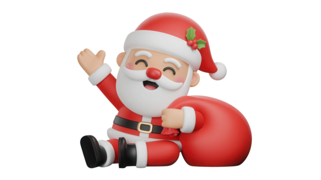 Cheerful cartoon santa claus with red gift bag waving hello isolated on transparent background