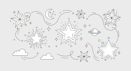 Hand-drawn celestial illustration with stars moon clouds and planet for creative design projects