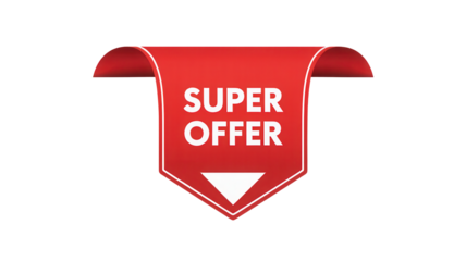 Bold red super offer tag with white text and arrow isolated on transparent background
