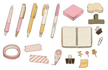 かわいい文房具セットの手描き風セット素材（暖色塗り）｜ノート,ペン,マスキングテープ,ふせん,クリップ,ノートブック,かわいい,stationery illustration