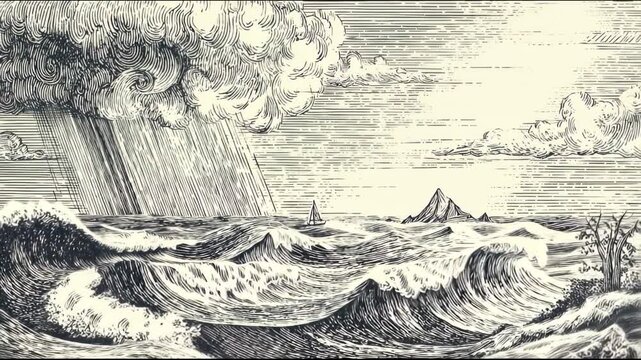 sea with waves and clouds, vintage weather drawing