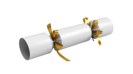 A single white christmas cracker with gold ribbon ties on each end isolated on transparent background