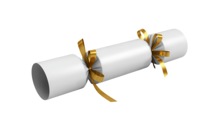 A single white christmas cracker with gold ribbon ties on each end isolated on transparent background