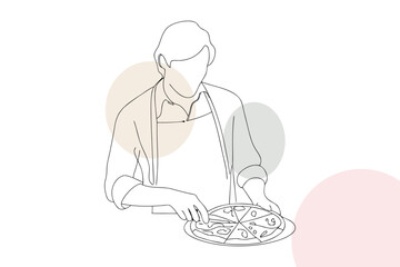 Chef slicing pizza with abstract circles food cooking