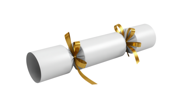 A single white christmas cracker with gold ribbon ties on each end isolated on transparent background