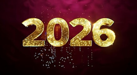 Sparkling golden numbers 2026 illuminated with glitter and falling water droplets against a dark textured background