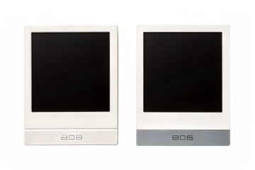 Two white instant photo frames with blank screens stand side by side, perfectly isolated for a clean design mockup display.