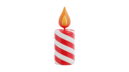 A festive red and white striped candle with a bright orange flame burning brightly isolated on transparent background