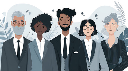 Harmonious diverse business team line art in minimalist muted gray - blue for inclusion initiatives