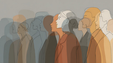 Harmonious diverse business team line art in minimalist muted gray - blue for inclusion initiatives